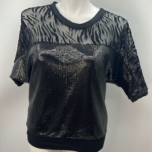 MEK XL black sequin zebra print mesh top